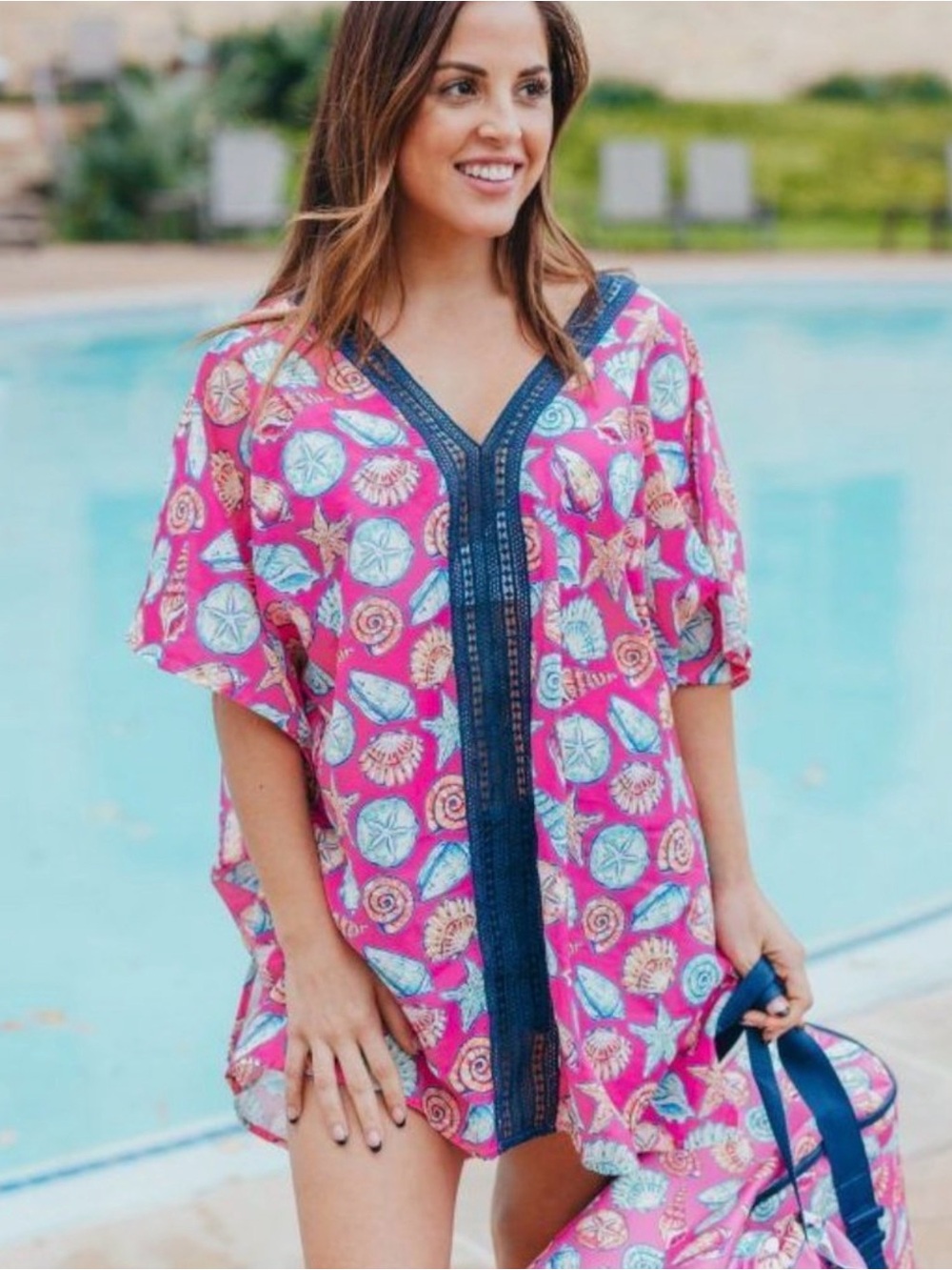 Simply Southern Pink Seashell Print Swim Coverup with Navy Trim